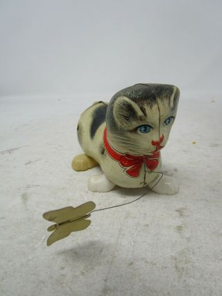 Vintage Tin Wind - Up Cat With Butterfly (made In Germany)