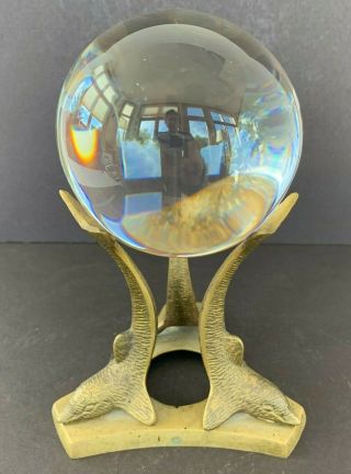 Vintage 4 " Crystal Ball With Brass Dolphin Tripod Stand Base Weathered Patina