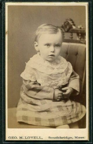 Antique Cdv Photo Darling Little Boy W Gingham Dress Lace Collar Southbridge Ma