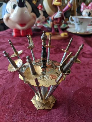 8 Miniature Vintage Toledo Spain Cocktail Tooth Picks Brass Metal Swords Holder