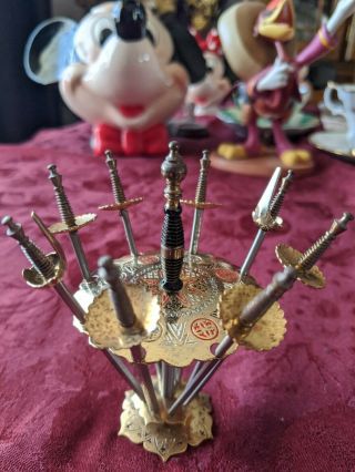 8 Miniature Vintage Toledo Spain Cocktail Tooth Picks Brass Metal Swords Holder 3