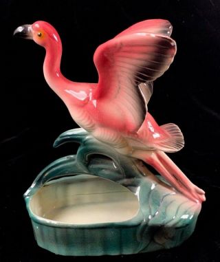 Vintage Ceramic Pink Black Flying Flamingo Tropical Bird Planter Mid Century