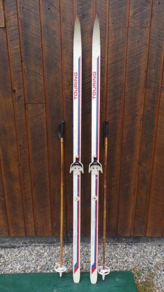 Vintage Wooden 78 " Skis Has White Finish Signed Touring,  Bamboo Poles