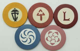 5 Real Clay Inlay Poker Chips From The Years Of 1930 - 1965 Mixed Set 8