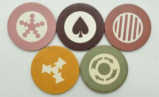 5 Real Clay Inlay Poker Chips From The Years Of 1930 - 1965 Mixed Set 6