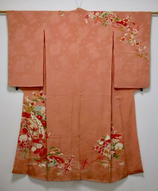 Japanese Silk Antique Kimono / Fan & Flower / Embroidery / Vintage Silk Fabric