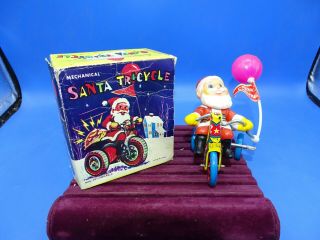 Vintage Litho Mechanical Santa Tricycle Wind Up Toy W/ Box Made In Korea