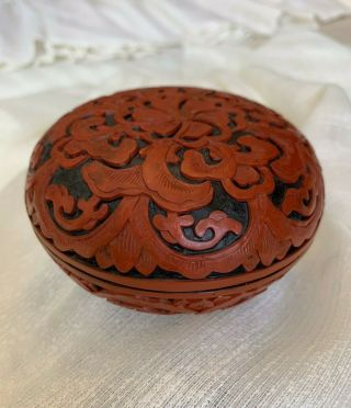 Cinnabar Red Intricately Carved Round Circle Trinket Box With Lid