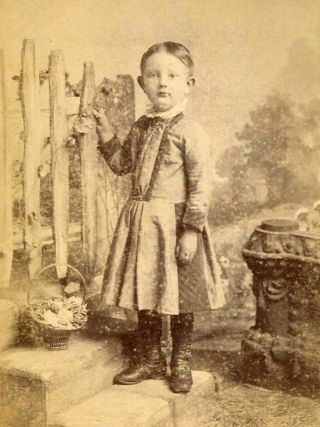 Antique Cabinet Photo Cute Little Victorian Boy W Dress & Gate Flowers Backstamp