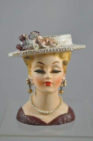 Sonsco Japan Vintage Lady Head Vase Headvase Purple Top With Floral Hat & Pearls