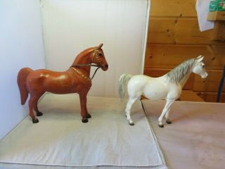 Two Large Vintage Plastic Horses White And Brown