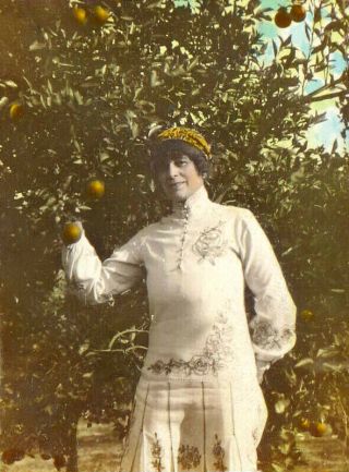 Lady In An Orange Grove - Very Early Color Snapshot Photo - Rare