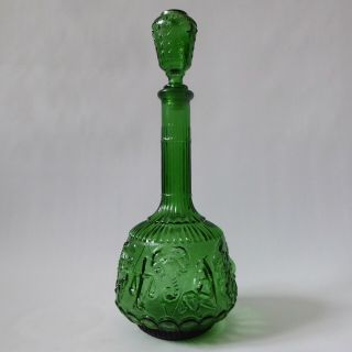 Vintage Empoli Genie Bottle.  Green Glass Signs Of The Zodiac.  Retro Decanter 70s