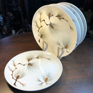5 Vintage Mid Century Kanedai Canyon Pine Dinner Plates Hand Painted Pine Cones