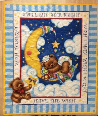 Vintage Baby Blanket Quilt " Starlight Starbright " Crescent Moon Bears Handmade