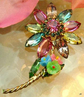 Pretty Vintage Designer Pastel Fruit Salad Rhinestone Glass Flower Pin Brooch