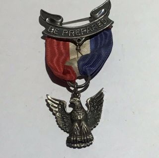 Vintage 1940’s Sterling Silver Eagle Scout Award Ribbon Medal Pin 2
