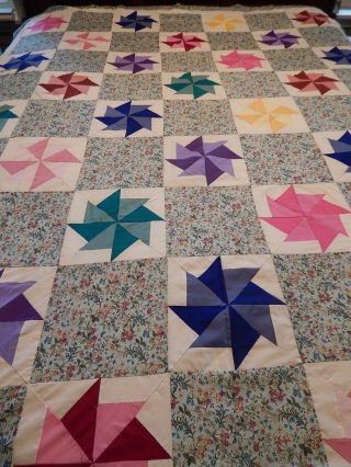 Vintage Hand Stitched Pin Wheel Quilt Top Cotton Multi Color 74 X 68