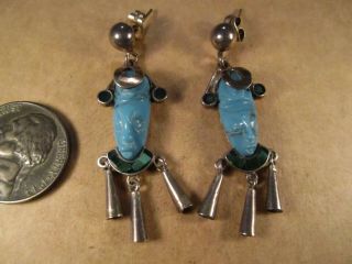Neat Vtg Taxco Sterling Silver & Turquoise Face Earrings,  Tc - 110 Mexico,  6.  8g