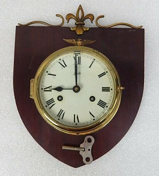 Vintage Schatz Germany Porthole Wall Alarm Clock Wood Brass
