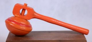 Vintage Red/orange Wooden Spinning Top With Handle (no String) Metal Point