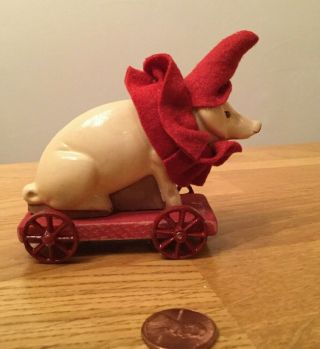 Folk Art Primitive Ceramic Pig Wood Pull Toy Circus Clown Hat Artisan Signed