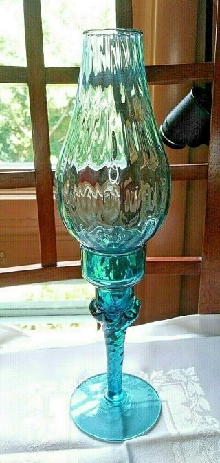 Vintage Empoli Mid Century Peacock Blue Art Glass Candle Holder Hurricane Lamp