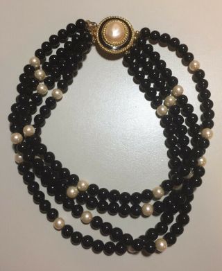 Vintage Carolee Black Bead Double Multi Strand Choker Necklace Signed Runway