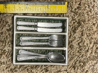 Vintage Doll Size Silverware In Basket - For Miniature Table,  Tea Set Germany