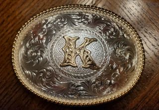 Vintage Montana Silversmiths Silver Plate Belt Buckle Initial " K "