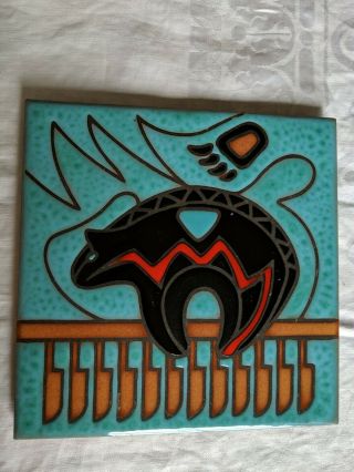 Cleo Teissedre Hand Painted Ceramic Tile Trivet Turquoise Sw Bear