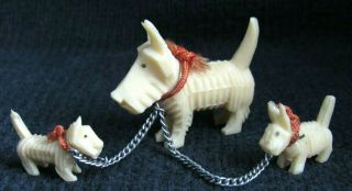 Vintage Celluloid Plastic Scotty Dog Mom And 2 Puppy On Chain