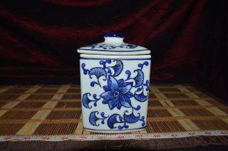 Asian Porcelain Square Gold Outlined Blue Floral Ginger Jar W/ Lid 5 3/4 " X4 "