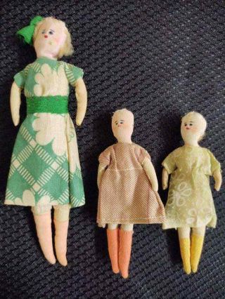 Set Of 3 Hand Made Folk Art Dolls With Two Little Girls