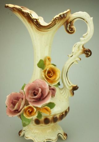 Vintage Arnels Pitcher Or Jug With Hand Crafted & Painted Floral Decoration Cs69