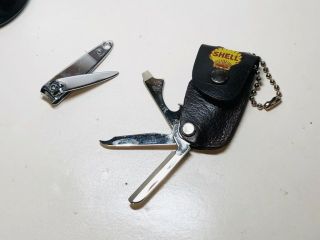 Vintage Shell Oil Bassett Nail Clipper & Knife Multi - Tool Set In Brown Leather