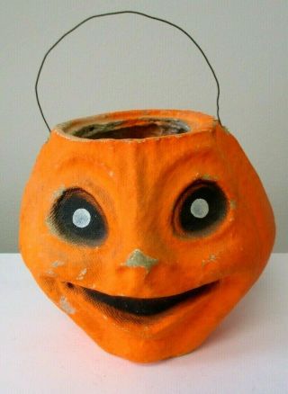 Vintage Halloween Paper Mache Pulp Neon Jack O Lantern Pumpkin Candy Container