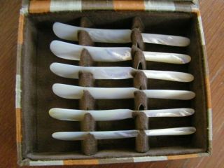 Vintage Solid Carved Mother Of Pearl Caviar Spreaders Knives Silk Case Set Of 6
