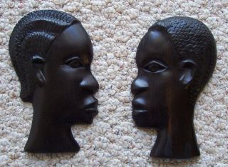 Vintage African Hand Carved Ebony Man & Woman Wall Plaques Silhouettes