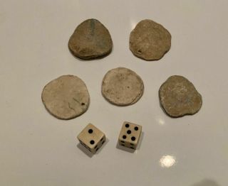 Civil War Clay Card Chips (5) And Dice (2) -