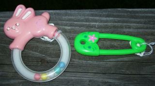 Vintage Baby Rattles Set Of 2 Plastic Toys Pink Rabbit & Safety Pin For Diaper
