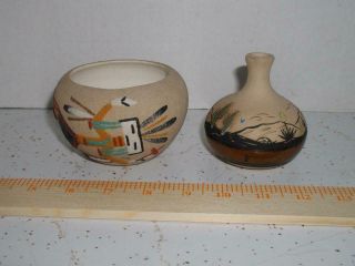 2 Native American Pottery Vases Small Signed D.  Sandman Hopi Kachina Image