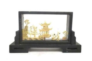 Vintage Chinese Cork Art Carved Diorama Lacquer Wood Glass Box Decorative Storks