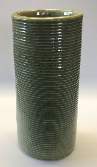 Vintage Zanesville Pottery Homespun Stoneware Ribbed Green Cylinder Vase 4010