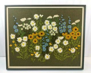 Vintage 1970s Framed Crewel Embroidery Wildflowers Wool Green Large 23 X 19 Boho
