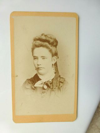 Antique Cdv Cabinet Photo Young Woman Updo Hair W Ribbon Locket Cleveland Oh