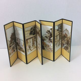 Asian Folding Screen Miniature Divider Two Sided Tabletop Decor 8 Panels 29 "