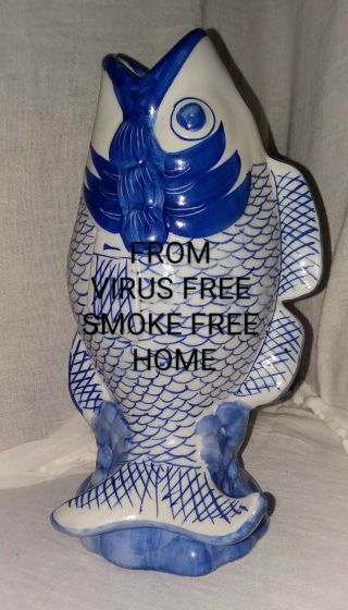 Vintage Blue & White Chinese Porcelain Koi Fish Vase 9 Inches,  Gift