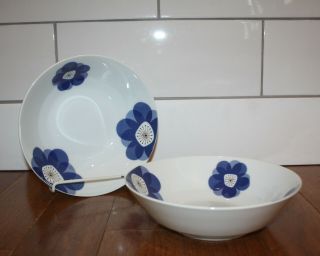 2 Vintage Mid Century Modern Indigo Moon Large Vegetable Bowls Blue Flowers