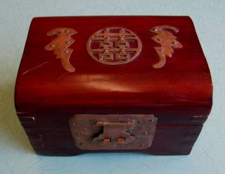 Vintage Chinese Asian Wood Jewelry Box With Red Satin Lining